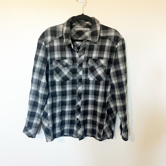 Icebreaker black and white plaid flannel button down wool shirt large - Picture 1 of 7